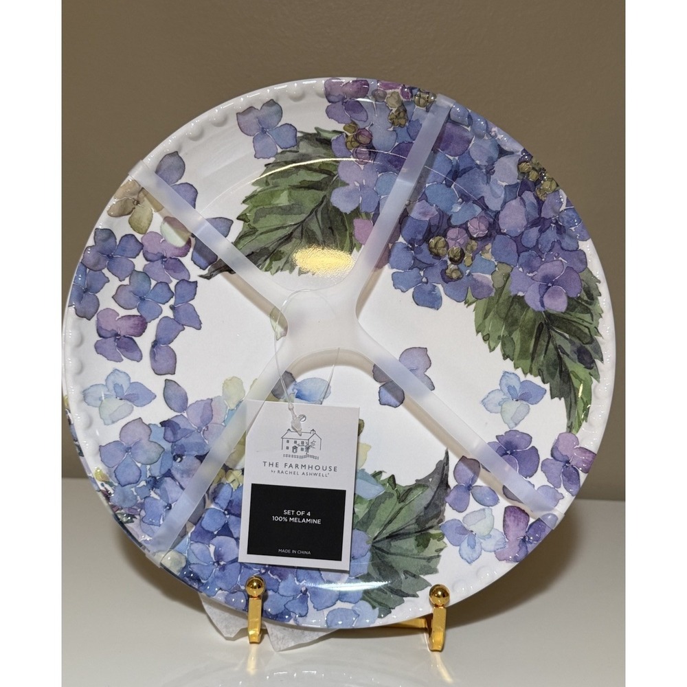 Set 4 HYDRANGEA 8.5" Melamine Salad Plates Farmhouse Rachel Ashwell NEW Blue